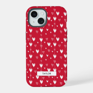 Red and White Heart Pattern Monogram Name iPhone 15 Case