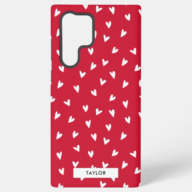 Red and White Heart Pattern Monogram Name  Samsung Galaxy S22 Ultra Case (Back)