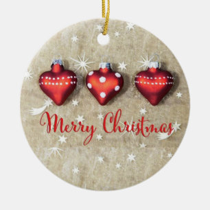 Red and White Heart Shaped Christmas Ceramic Ornament