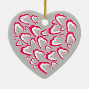 Red and White Hearts Grey Ornament