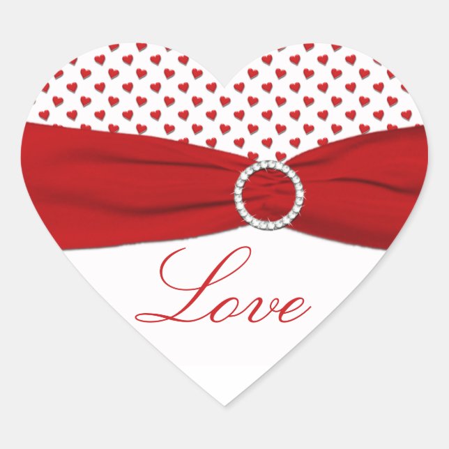 Red and White Hearts "Love" - Heart Shaped Sticker (Front)