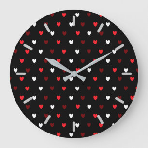 Red and white hearts on black large clock