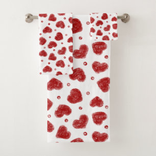 Red and White Hearts pattern Bath Towel Set