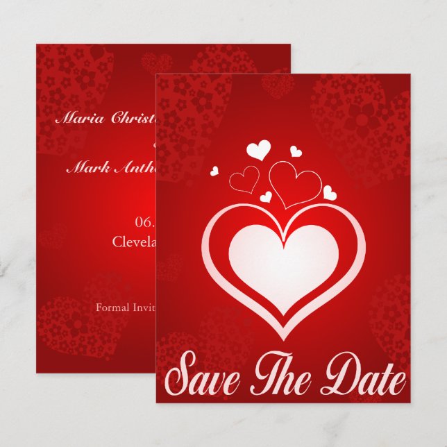Red and White Hearts Save The Date Announcement (Front/Back)