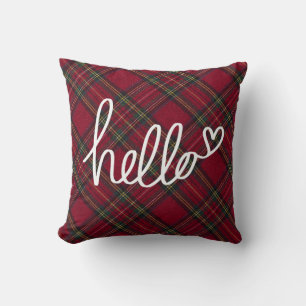 Red and white Hello Christmas plaid Throw Pillow