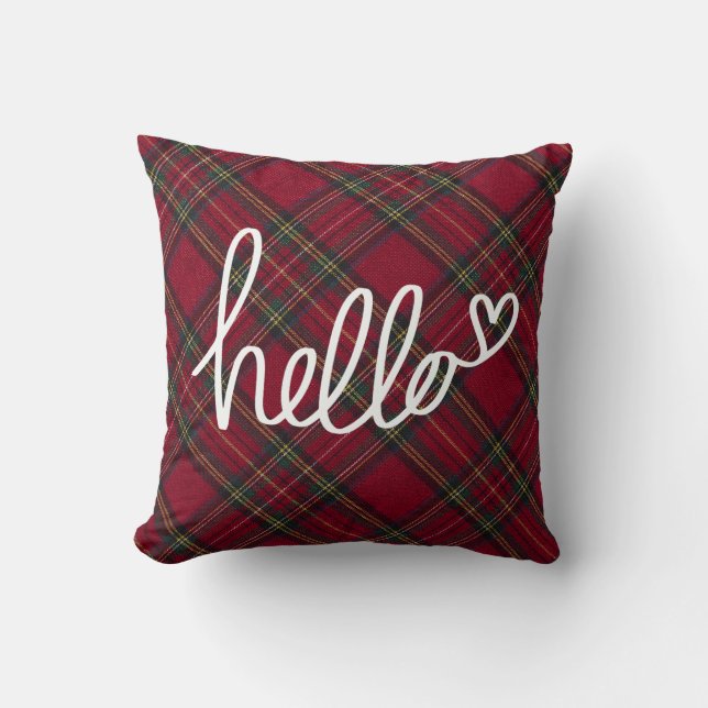 Red and white Hello Christmas plaid Throw Pillow (Front)