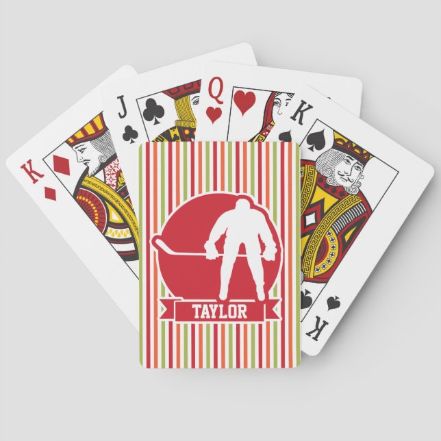 Red and White Hockey Player, Red, Orange, Green Playing Cards (Back)