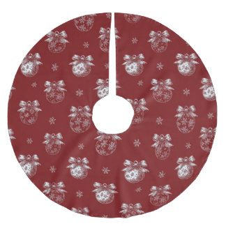 Red and White Holiday Ornament Toile De Jouy Brushed Polyester Tree Skirt