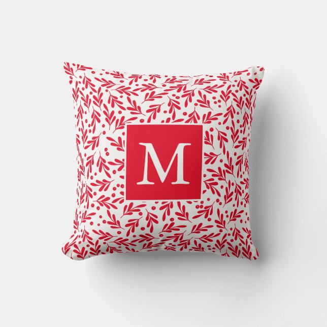 Red and White Holly Berries | Holiday Monogram Throw Pillow (Front)
