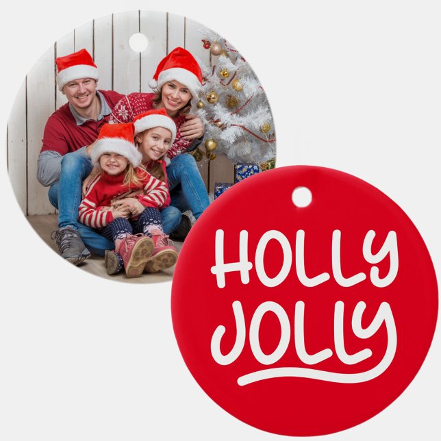 Red and White Holly Jolly Typography Photo Ceramic Ornament (Photo Christmas Ornament)