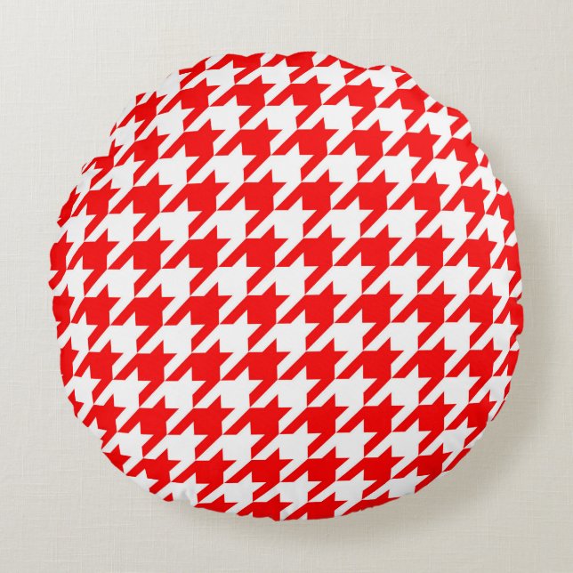 Red and White Houndstooth Check Round Pillow (Front)