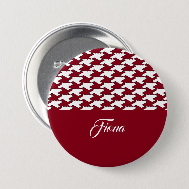 Red and white houndstooth pattern monogram 3 inch round button (Front & Back)