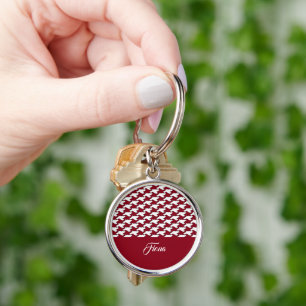 Red and white houndstooth pattern monogram keychain