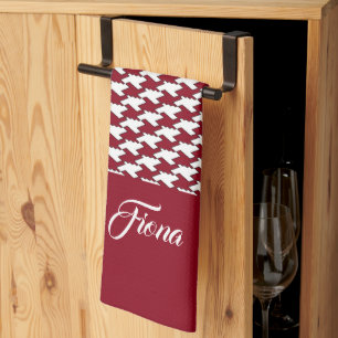 Red and white houndstooth pattern monogram kitchen towel