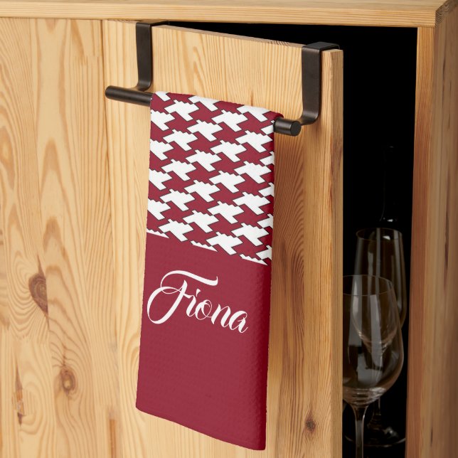 Red and white houndstooth pattern monogram kitchen towel (Thirds Fold)