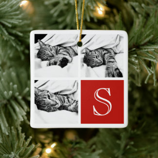 Red and White Instagram Photo Collage Monogram Ceramic Ornament