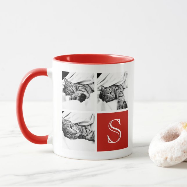Red and White Instagram Photo Collage Monogram Mug (With Donut)