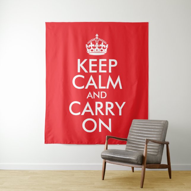Red and White Keep Calm and Carry On Tapestry (In Situ)
