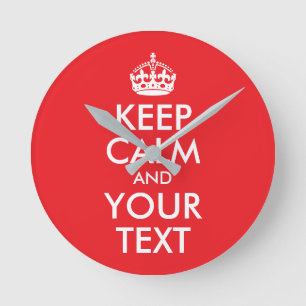 Red and White Keep Calm and Your Text Round Clock