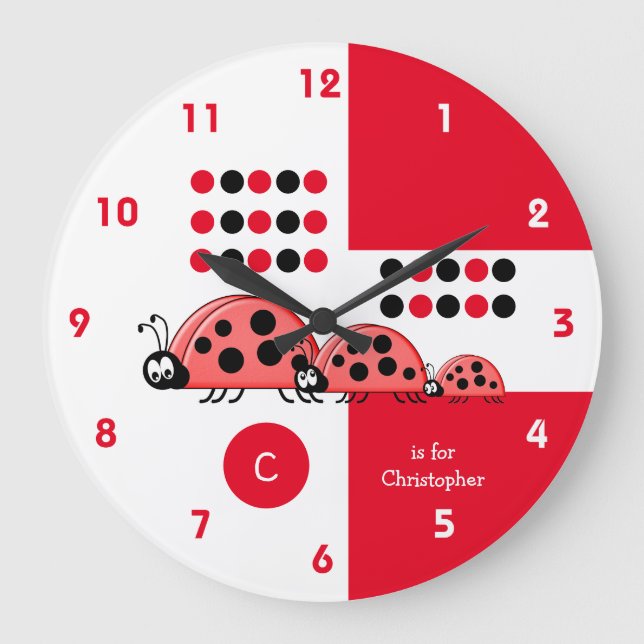 Red and white kids ladybirds with name large clock (Front)