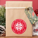 Red and White Knit Snowflake Christmas Gift Classic Round Sticker<br><div class="desc">A fun addition to holiday gift wrapping or holiday celebration these, round, personalized Christmas stickers feature a message of cheer, your name and a knit sweater inspired snowflake. Share the cozy and festive vibes on gifts of baked good, wrapped presents, bottles and so much more while the custom text marks...</div>