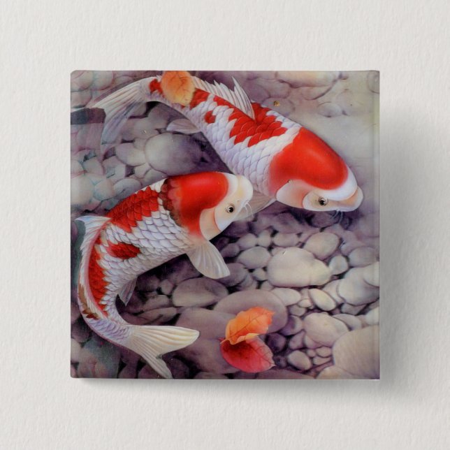 Red and White Koi Fish Pond 2 Inch Square Button (Front)