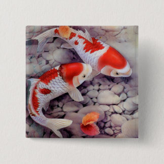 Red and White Koi Fish Pond 2 Inch Square Button