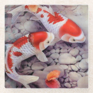 Red and White Koi Fish Pond Glass Coaster