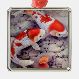 Red and White Koi Fish Pond Metal Ornament