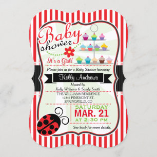 Red and White Ladybug Theme Girl Baby Shower Invitation