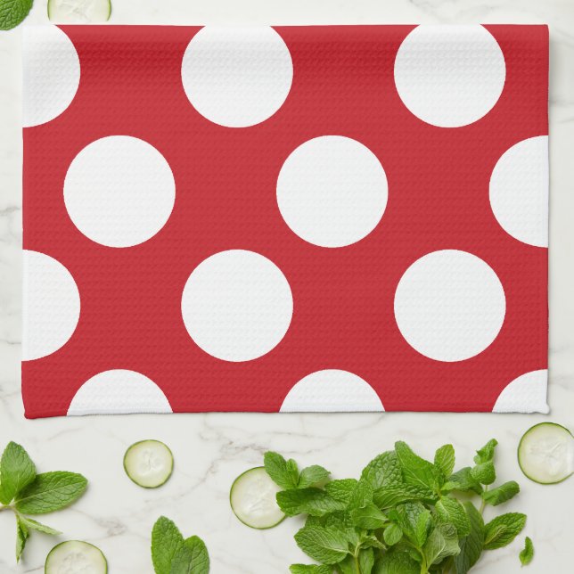 Red and White Large Polka Dot Kitchen Towel (Folded)