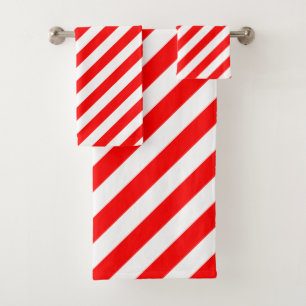 Red and White Large Size Diagonal Stripes Bath Towel Set
