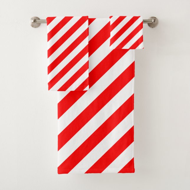 Red and White Large Size Diagonal Stripes Bath Towel Set (Insitu)