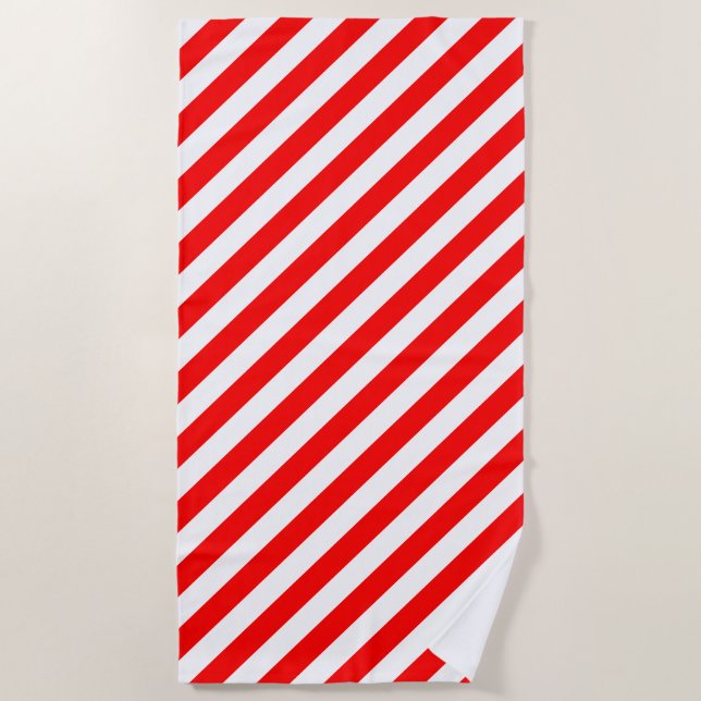 Red and White Large Size Diagonal Stripes Beach Towel (Front)