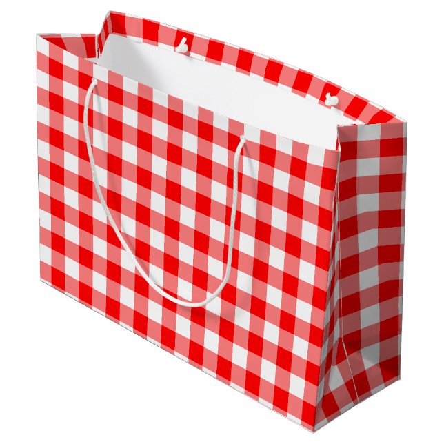 Red and White Large Size Gingham Checks Large Gift Bag (Back Angled)