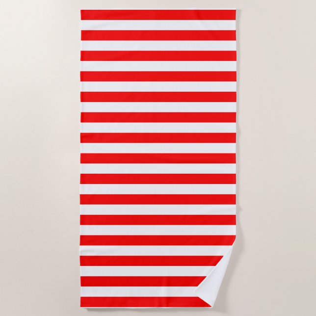 Red and White Large Size Horizontal Stripes Beach Towel (Front)