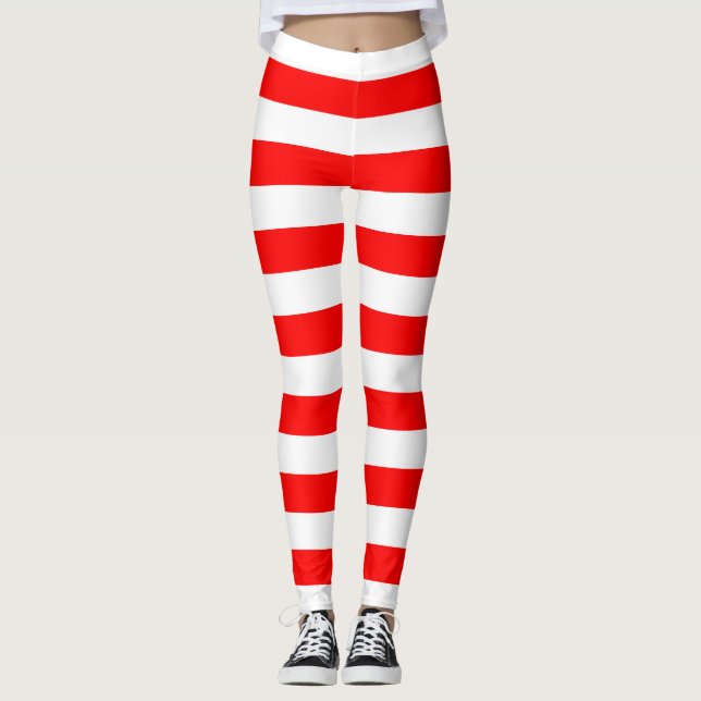 Red and White Large Size Horizontal Stripes Leggings (Front)