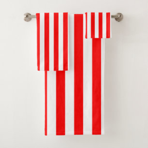 Red and White Large Size Vertical Stripes Bath Towel Set