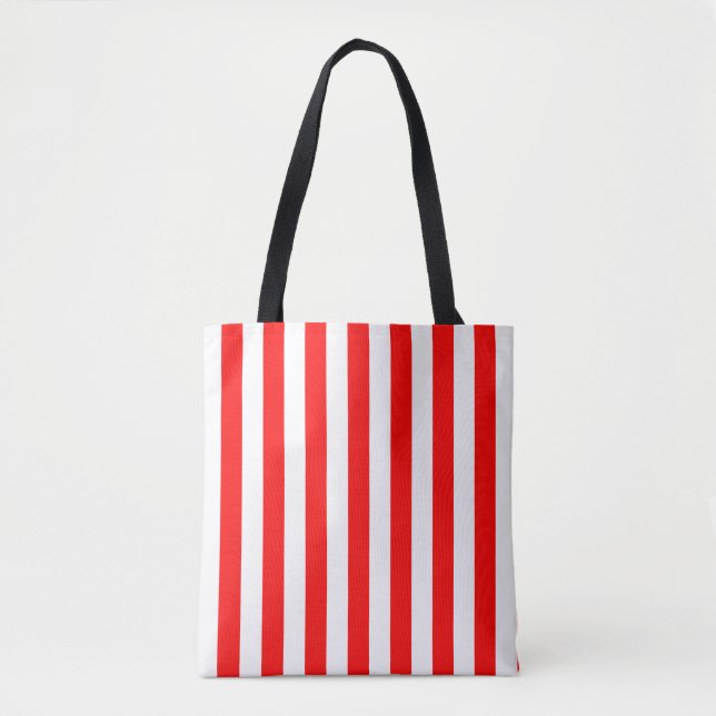Red and White Large Size Vertical Stripes Pattern Tote Bag (Front)