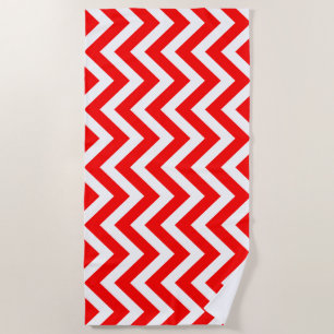 Red and White Large Vertical Chevron Stripes Beach Towel