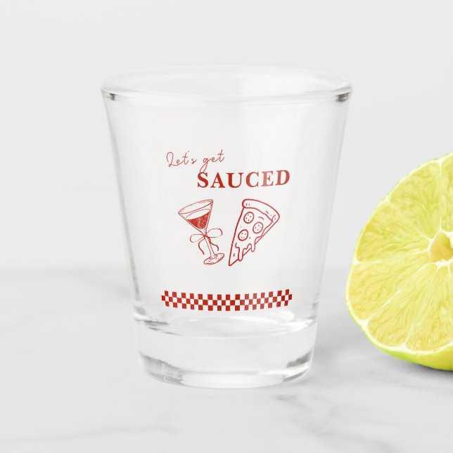 Red and White Let's Get Sauced Bachelorette  Shot Glass (Front)