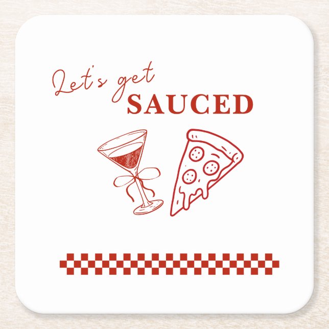 Red and White Let's Get Sauced Bachelorette  Square Paper Coaster (Front)