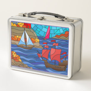 Red and White Lighthouse and Ships Metal Lunch Box