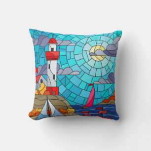 Red and White Lighthouse and Ships Throw Pillow