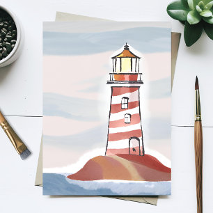 Red and White Lighthouse   Beachy Ocean Watercolor Postcard