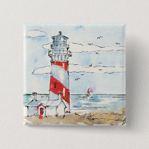 Red and White Lighthouse Scene 2 Inch Square Button