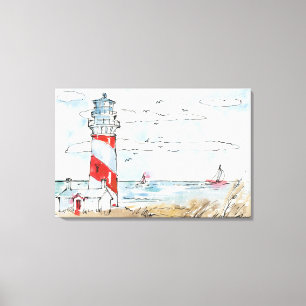 Red and White Lighthouse Scene Canvas Print