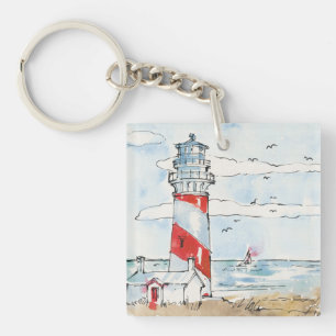 Red and White Lighthouse Scene Keychain