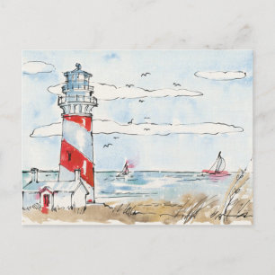 Red and White Lighthouse Scene Postcard