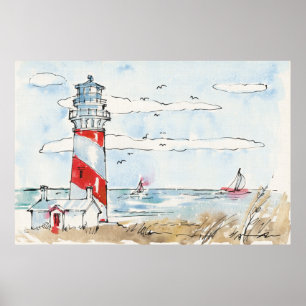 Red and White Lighthouse Scene Poster